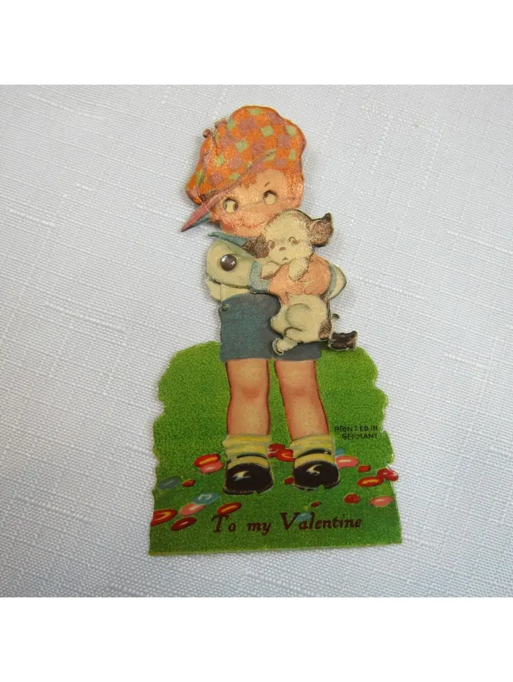 Vintage Valentine Card Mechanical Boy Puppy Dog Moving Eyes Arms Germany 20s-30s